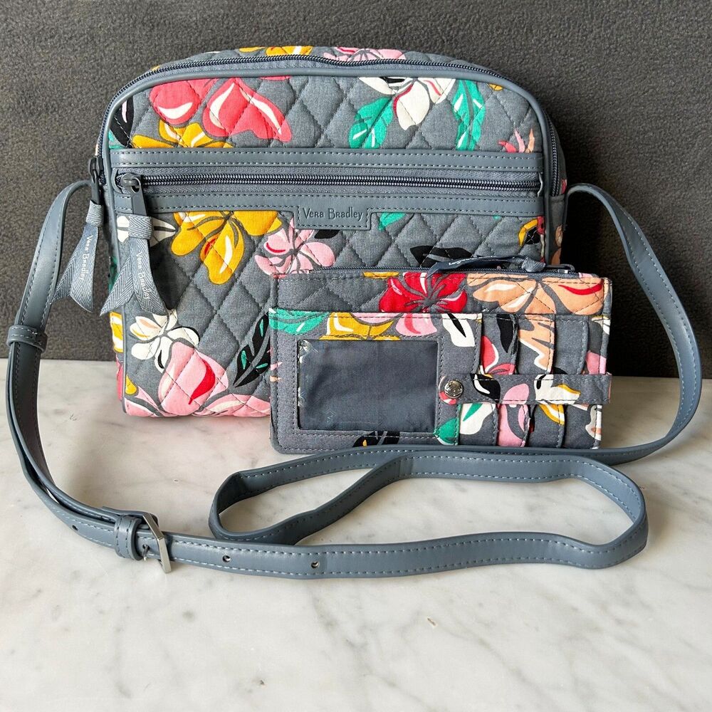 Vera Bradley Crossbody Purse and Wallet Coastal Paradise Grey Floral Handbag